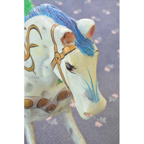 170 - Brightly painted vintage wooden carrousel horse 'Jake', appears carved from solid wood (heavy), dama... 