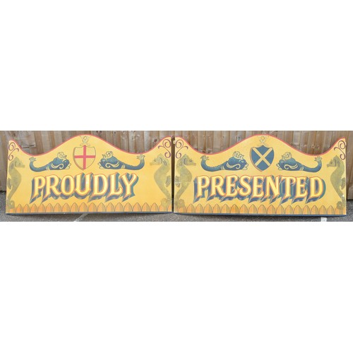 171 - Two attractively painted aluminium children's 18ft carousel rounding boards, 'Proudly' and 'Presente... 