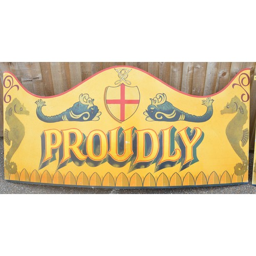 171 - Two attractively painted aluminium children's 18ft carousel rounding boards, 'Proudly' and 'Presente... 