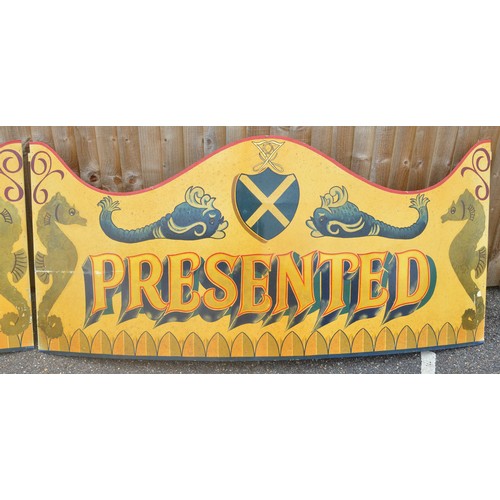 171 - Two attractively painted aluminium children's 18ft carousel rounding boards, 'Proudly' and 'Presente... 