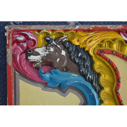 168 - Elaborately designed and painted fairground ride door, (fibreglass with wooden frame) in the form of... 