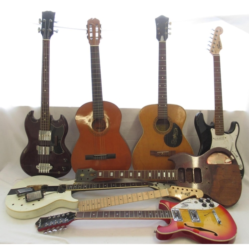 732 - Seven guitars in various states and conditions, parts being removed in some cases, Riff neck and hea... 