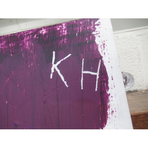 757 - Painted broken guitar montage on board, signed 'KH', 60cm x 107cm