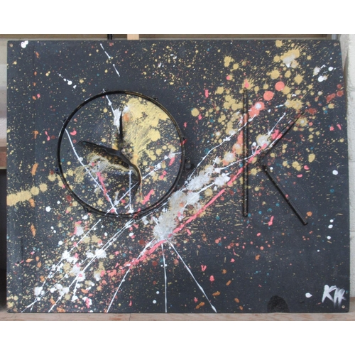 760 - Painted broken drum and drumstick montage on board stylized to look like 'OK', signed 'KH', 107cm x ... 