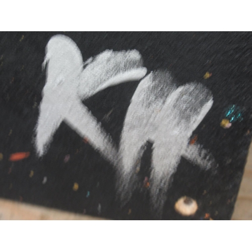 760 - Painted broken drum and drumstick montage on board stylized to look like 'OK', signed 'KH', 107cm x ... 