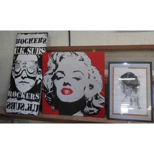 764 - UK Subs Rockers wall print, print of Marilyn Monroe and a sketch of a lady