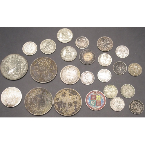 704 - Small collection of Pre-1947 GB silver content coins, 1875 USA 1 Dime and a  1867 French 20 Cent (gr... 