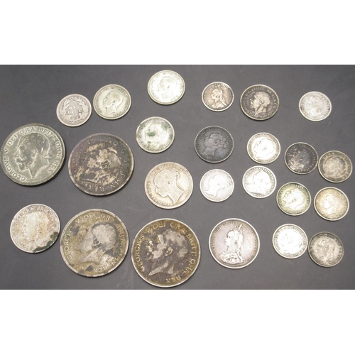 704 - Small collection of Pre-1947 GB silver content coins, 1875 USA 1 Dime and a  1867 French 20 Cent (gr... 