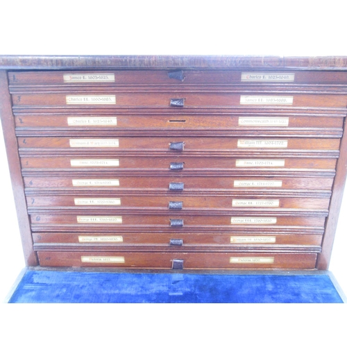 806 - Mahogany 10 drawer coin cabinet, brass name plate and date to top 'J.N.F. Newall Newbrough 1940', 42... 