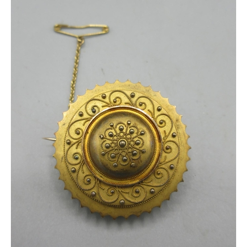 10 - Victorian 15ct yellow gold Etruscan revival style brooch, of circular form with beadwork detail, wit... 