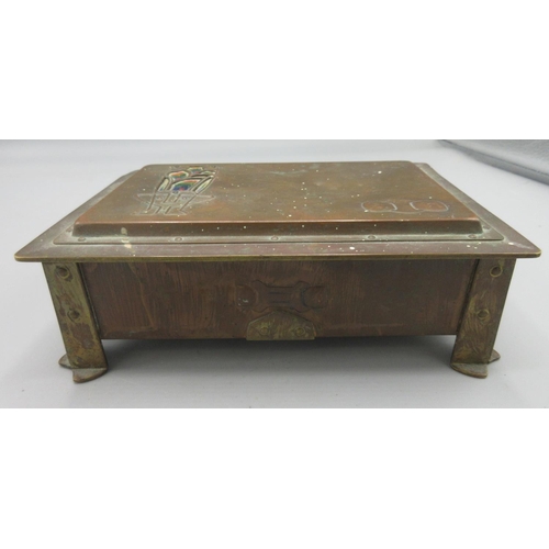 1093 - Arts and Crafts copper and brass table ring box, the hinged cover with enamel inset, fabric lined in... 