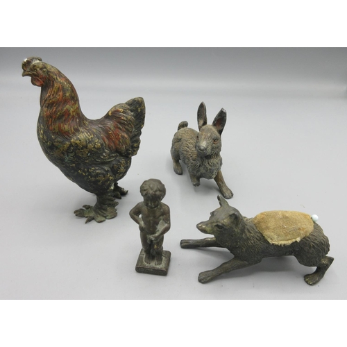 1094 - Cold cast bronze Cockrel, H11cm, and three other similar figures