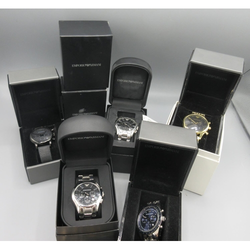 184 - Emporio Armani stainless steel quartz chronograph wristwatch with date, signed black dial, three sub... 