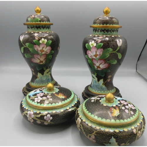 287 - Pair of late 20th century Chinese inverted baluster form urns and covers, decorated with pink flower... 