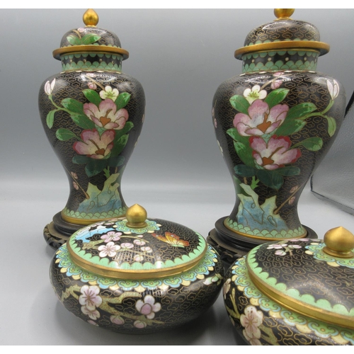 287 - Pair of late 20th century Chinese inverted baluster form urns and covers, decorated with pink flower... 