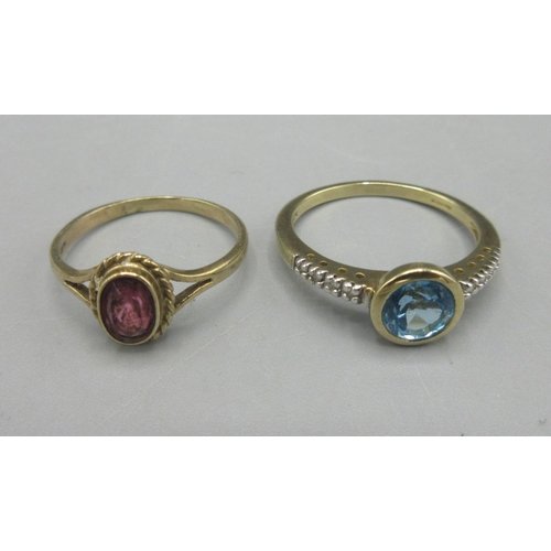 31 - 9ct yellow gold ring set with blue stone, on diamond set shoulders, stamped 375, and another 9ct rin... 