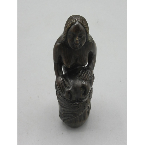 342 - Japanese carved hardwood netsuke in the form of a mermaid, inset bone signature panel, H7.5cm