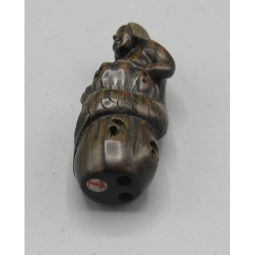 342 - Japanese carved hardwood netsuke in the form of a mermaid, inset bone signature panel, H7.5cm