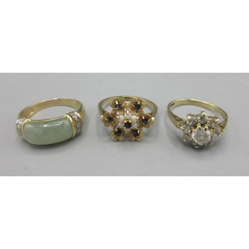 36 - 9ct yellow gold ring set with jade and diamonds, size O1/2, a  9ct gold floral cluster ring set with... 