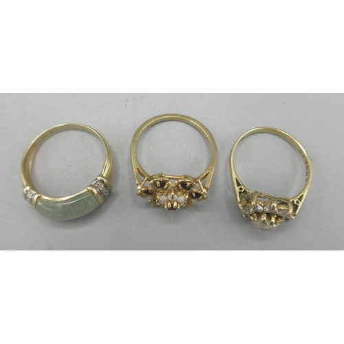 36 - 9ct yellow gold ring set with jade and diamonds, size O1/2, a  9ct gold floral cluster ring set with... 