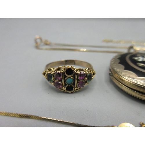 41 - Victorian 9ct gold ring set with coloured stones, some missing, tested to 9ct, size S, 3.28g, a yell... 