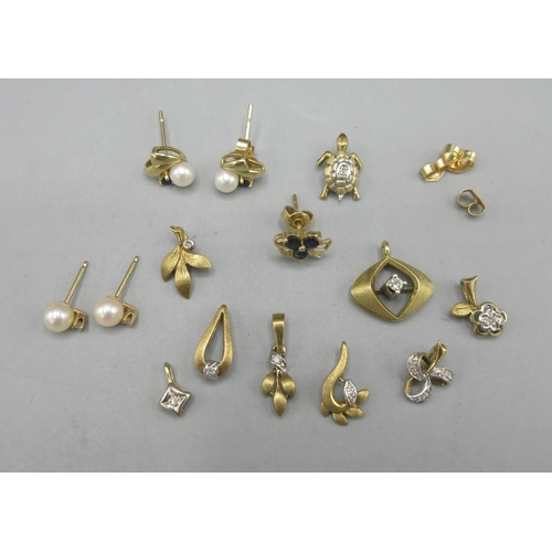 44 - WITHDRAWN Collection of 14ct gold small pendants, some set with stones, 14ct gold assorted stud earr... 