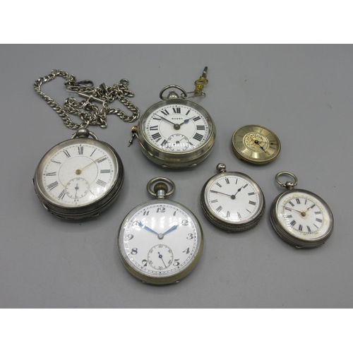 521 - Swiss silver key wound pocket watch, stepped white enamel Roman dial, subsidiary seconds, coin edge ... 