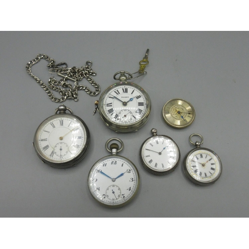 521 - Swiss silver key wound pocket watch, stepped white enamel Roman dial, subsidiary seconds, coin edge ... 