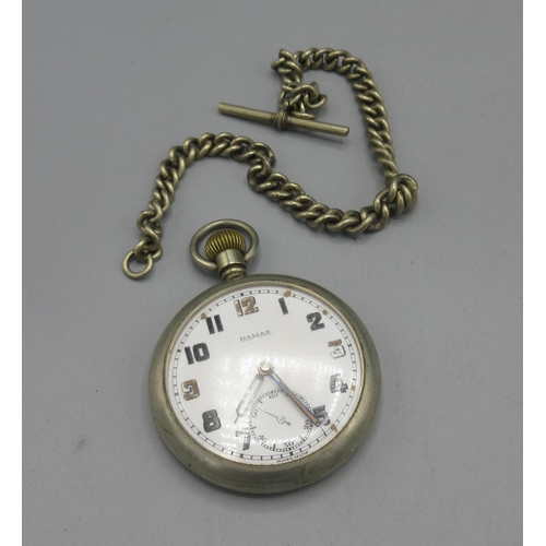 529 - Damas WWII British Military Issue chrome plated keyless pocket watch, signed white enamel Arabic dia... 