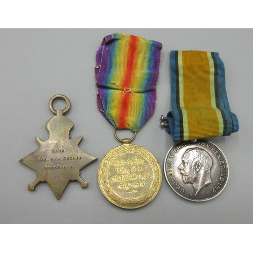 656 - WW1 trio of medals, mons star, victory medal with ribbon and war medal with ribbon, to 1534 PTE A.W.... 