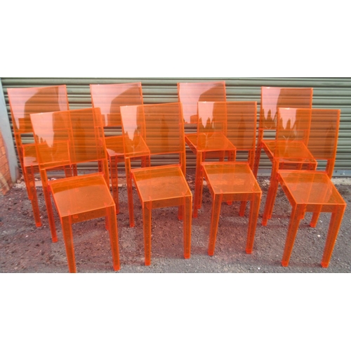 785 - Set of 8 Orange La Marie by Starck for Kartell and  a grey metal dining table, 174.5cm x 90cm x 76.5... 