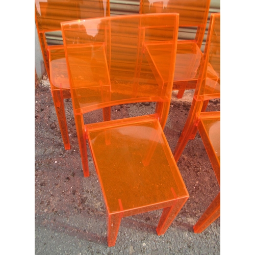 785 - Set of 8 Orange La Marie by Starck for Kartell and  a grey metal dining table, 174.5cm x 90cm x 76.5... 