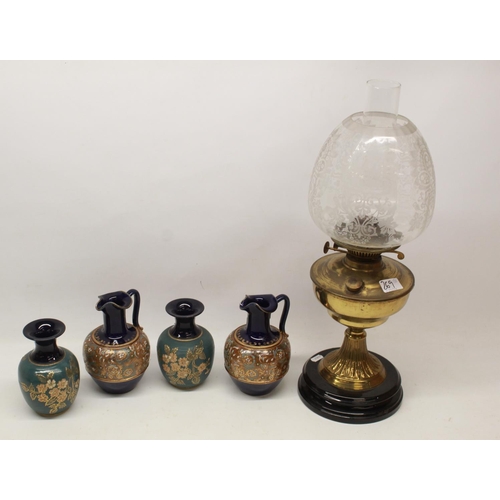 269 - Bretby jardiniere, H19cm; oil lamp with shade, H55cm; pair of Lambeth Slater jugs; pair of Langley M... 