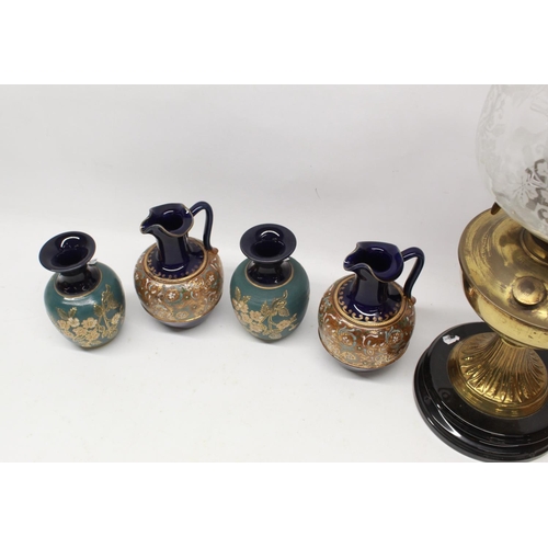 269 - Bretby jardiniere, H19cm; oil lamp with shade, H55cm; pair of Lambeth Slater jugs; pair of Langley M... 