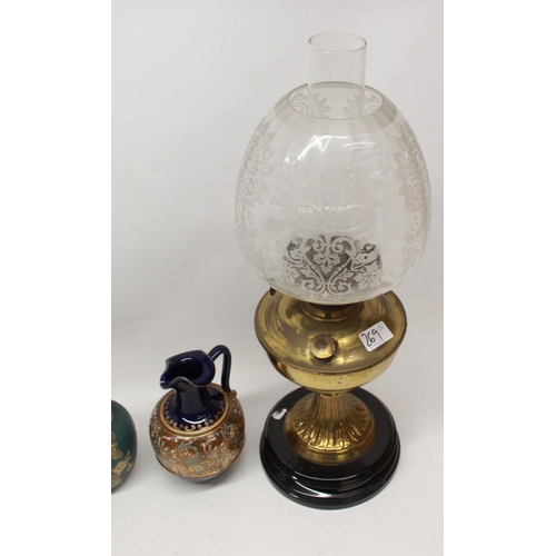 269 - Bretby jardiniere, H19cm; oil lamp with shade, H55cm; pair of Lambeth Slater jugs; pair of Langley M... 