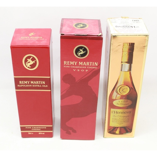 220 - Champagne cognac: two bottles Remy Martin 40% (1ltr & 70cl); and a 1ltr bottle Hennessy V.S.O.P. 40%... 