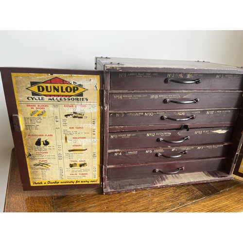 1100 - Cycling Interest: Vintage storage cupboard for Dunlop Brake Blocks, six internal drawers, H29cm