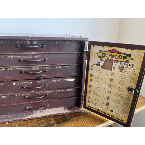 1100 - Cycling Interest: Vintage storage cupboard for Dunlop Brake Blocks, six internal drawers, H29cm