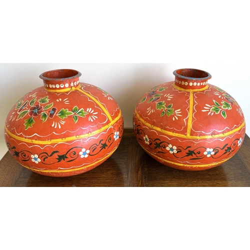 825 - Pair of red painted Indian metal Matka (water pots), D35cm