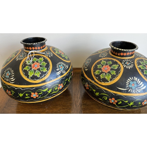 826 - Pair of black Indian painted metal matka (water pots), D35cm