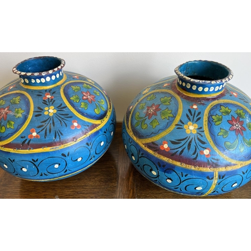 827 - Pair of blue Indian painted metal matka (water pots), D35cm