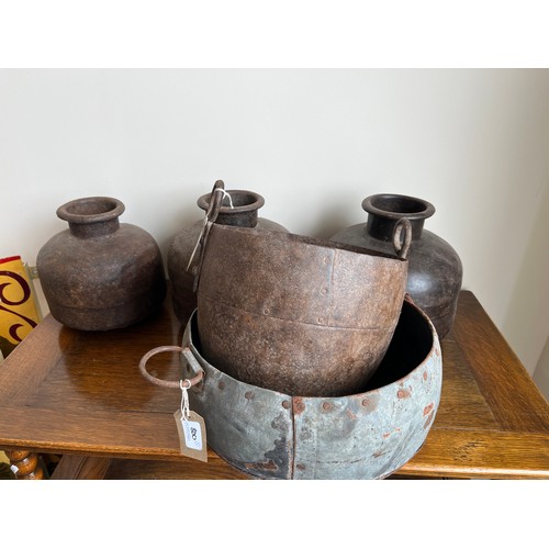 800 - Three Indian matka (water pots), W22cm and two cooking pots, W26cm (5)