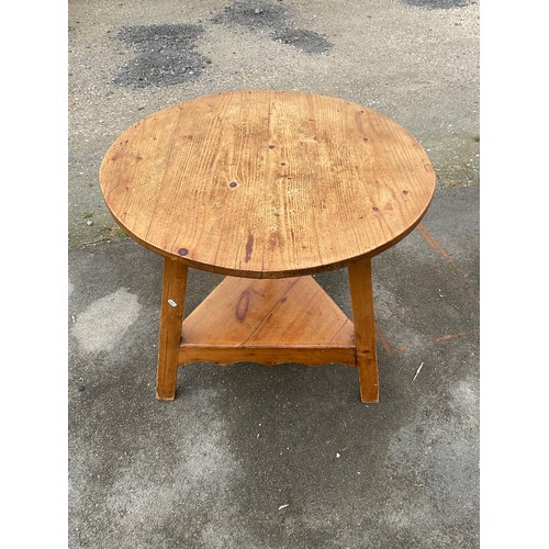 677 - 19th century and later pine Cricket table, circular top on triangular supports with similar undertie... 