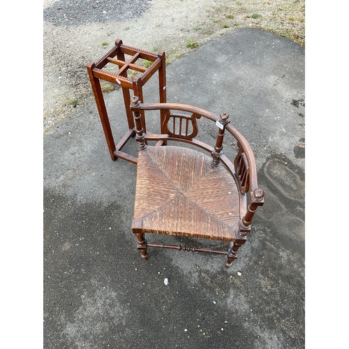 678 - Edwardian beech rush seat corner chair with lyre splats on turned supports and an oak four division ... 