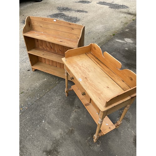 681 - Waxed pine washstand, with raised back and drawer on turned supports with undertier, and a pitch pin... 