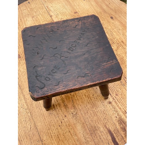 673 - 20th century Welsh oak rectangular footstool inscribed MXMXX1X Joyce Ridgeway Llandudno 1929, on tur... 