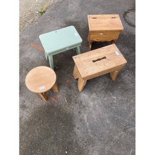 672 - Two Country made oak and pine stools, a pine box stool and a green painted stool, (4)