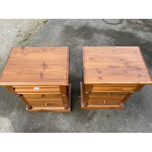 682 - Pair of waxed pine three drawer bedside chests, W50cm D38cm H70cm (2)