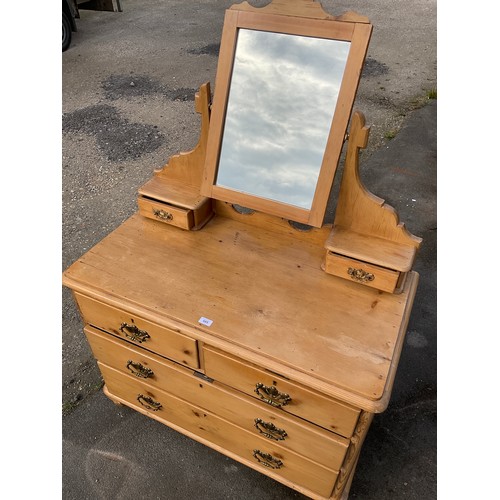 685 - Pine dressing chest, rectangular mirror and two small drawers above two short and two long drawers o... 