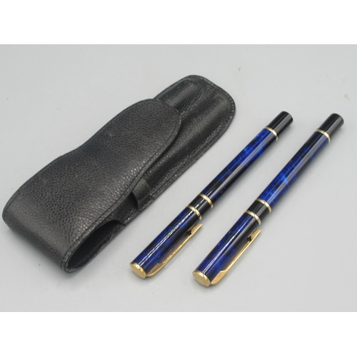 367 - Waterman Laurent fountain pen and matching ballpoint pen, blue marbleised body with gold plated moun... 